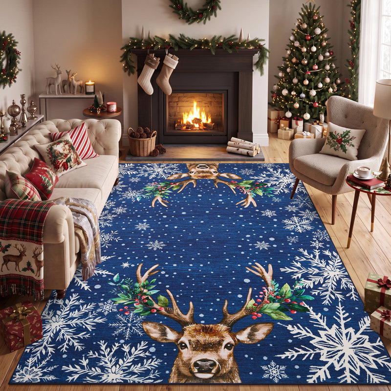 Tapis de Noël à motifs de rennes et de flocons de neige, antidérapant, antitache, lavable à la machine, pliable, idéal pour la décoration intérieure des fêtes de fin d'année.