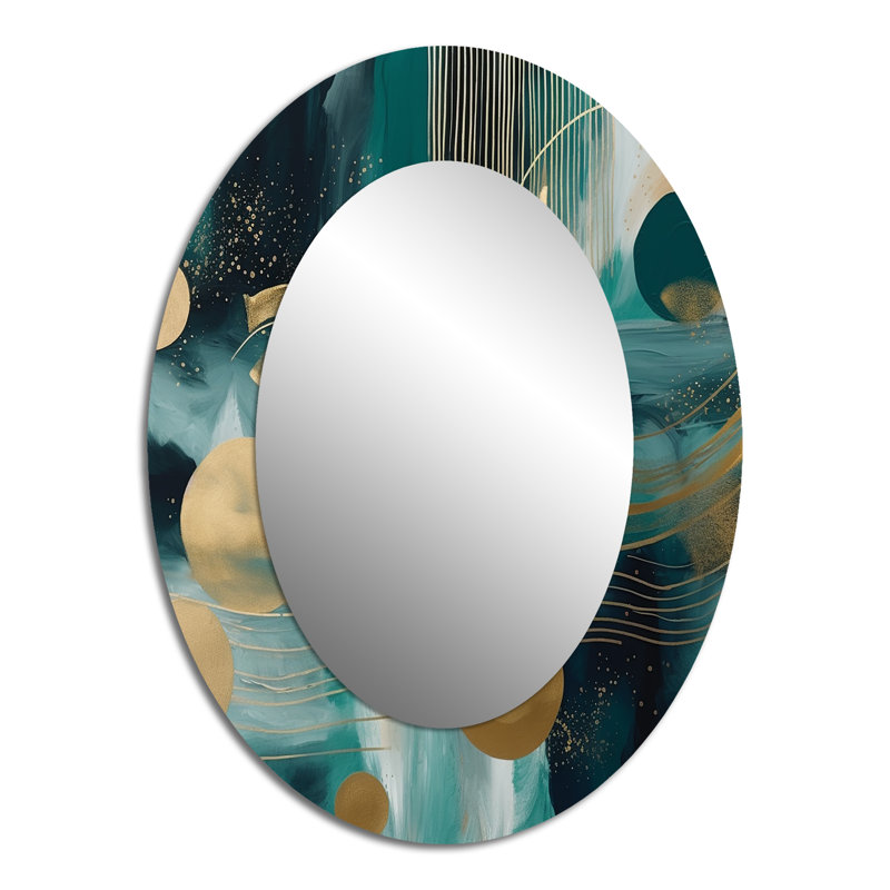 Vivid Emeral And Gold Contours Circles V - Gold Modern Oval Wall Mirror, 40" x 30"
