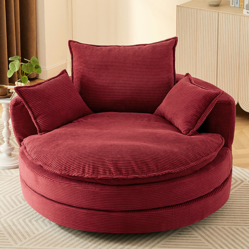 Fauteuil d'appoint rond pivotant à 360 ° avec siège de 38 pouces de profondeur, coussin à deux couches, 3 coussins amovibles, velours côtelé doux pour un confort complet dans la chambre à coucher, mécanisme silencieux, tissu