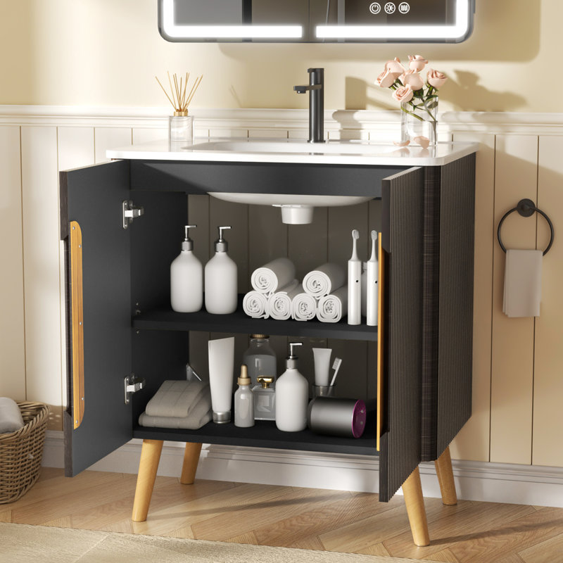 30 in. Single Sink Freestanding Black Bath Vanity with White Ceramic Top, Adjustable Shelves, Soft-Close Hinges, Black