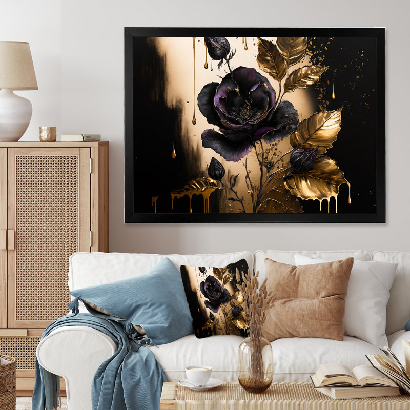 Polina noir et or violettes I - impression, H 12 po x l 20 po x P 1 po, Cadre photo noir