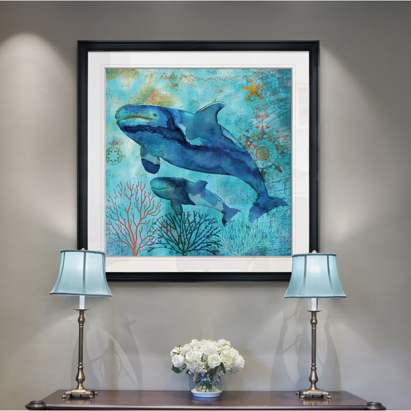 " Deep Sea Whales ", 16" H x 16" W x 1.5" D, Black Framed
