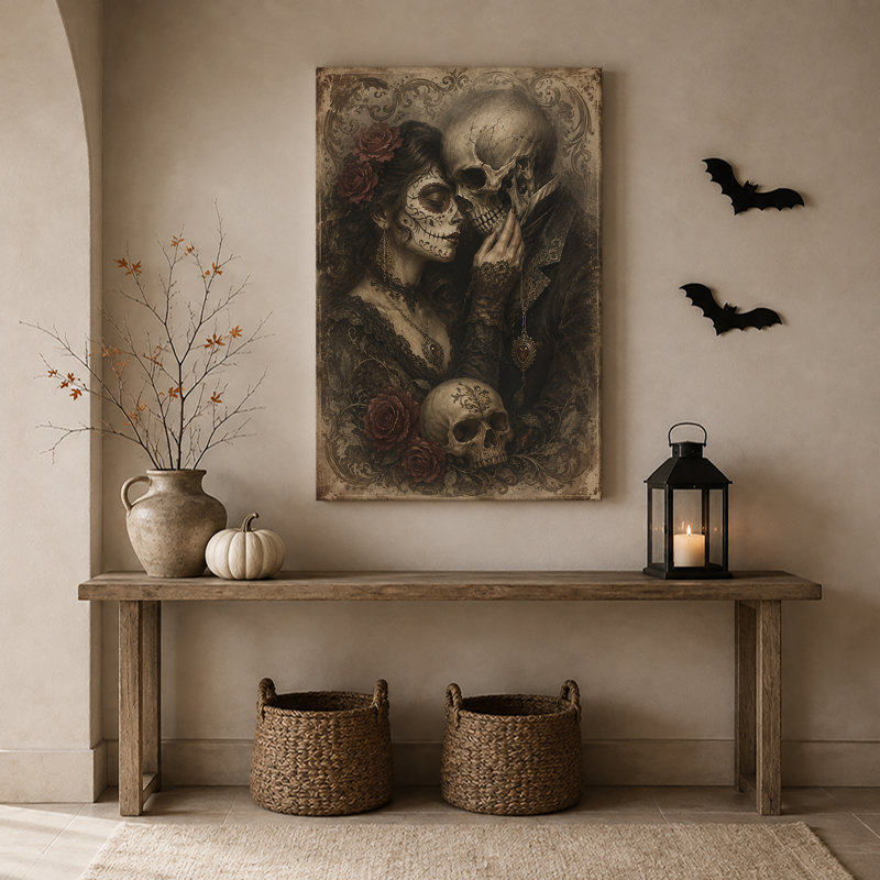 Art rétro sur toile, femme et squelette avec roses, H 30 po x l 20 po