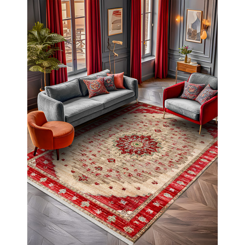 Tapis de coton oriental beige Marisol, Rond 6 pi 7 po
