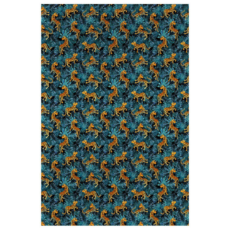 Axel Collection Digital Print Cotton-Polyester Blue Floral Leopar Animal Print Rug, Runner 6'7" x 13'2"