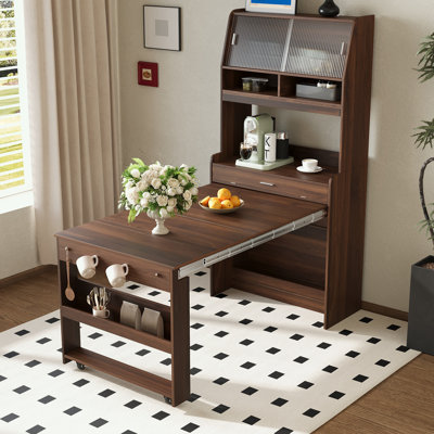Kitchen Pantry Cabinet with Hutch and Foldable Dining Table