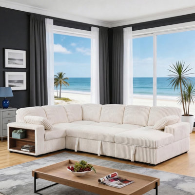 Canapé modulaire en U 117 "en velours côtelé avec canapé-lit, console avec USB et méridienne 117"