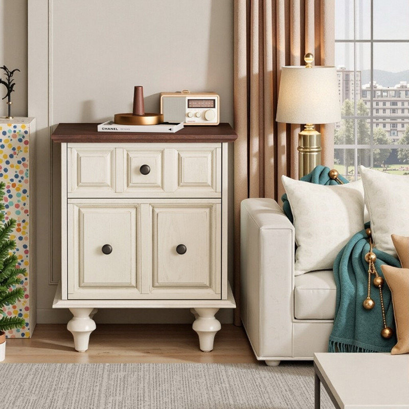 Table de chevet de style rétro avec 2 tiroirs et pieds de colonne romains L 20,47 po, Blanc