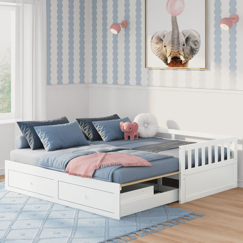Lit convertible Elizabeth (deux places en lit king) avec tiroirs de rangement, blanc, Blanc
