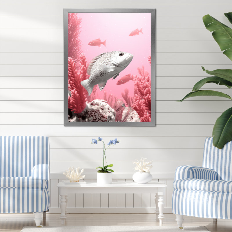 Rampe de poissons monochrome rose et blanche, Cadre simple argenté, H 40 po x l 30 po x P 1,5 po