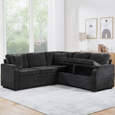 Sectional Sofa Bed L-Shaped Sectional 81.9" Upholstered L-Shaped Sofa With A Sofa Sleeper And A Hidden Storage Compartment For Living Room, Black