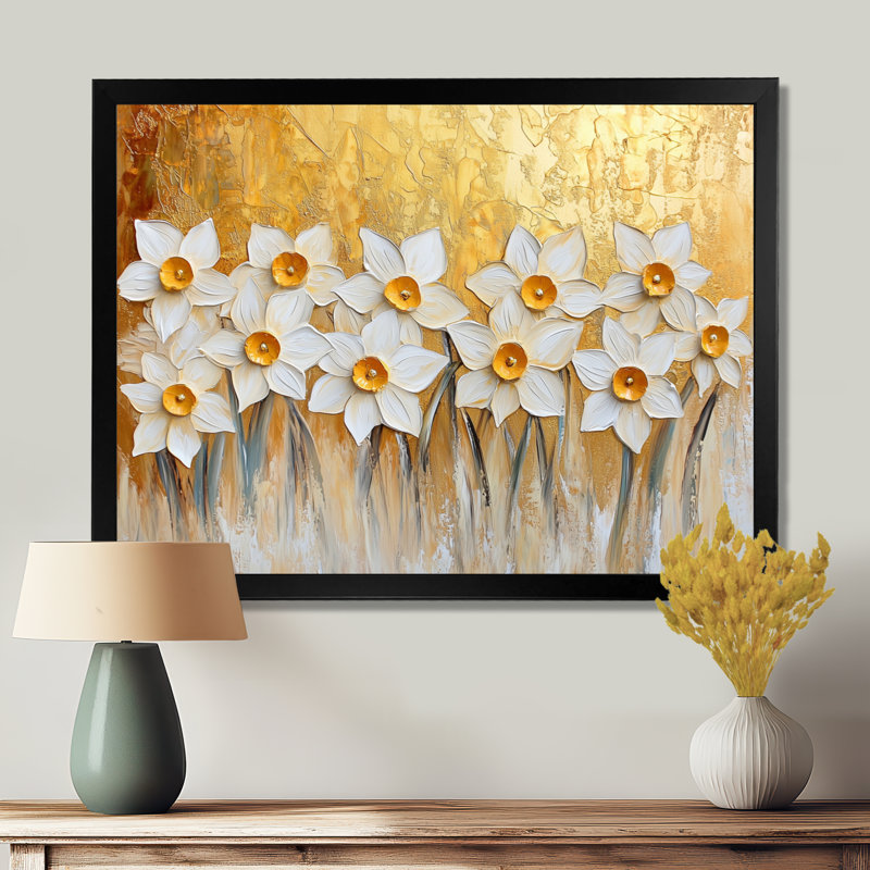 Impression sur toile «Golden Harmony Of Daffodils In Summer I», 12" H x 20" W, Single Picture Framed Print without Mat, Black
