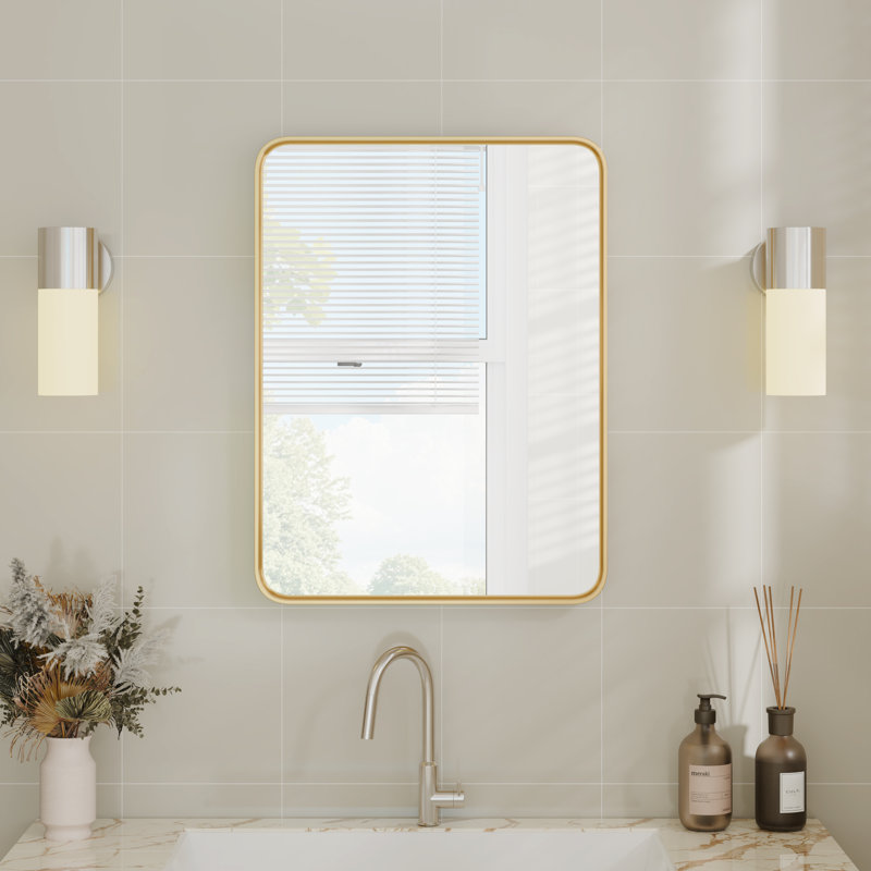 Miroir rectangulaire arrondi avec cadre en aluminium, miroir de meuble-lavabo mural, miroir d'entrée / horizontal moderne, Or