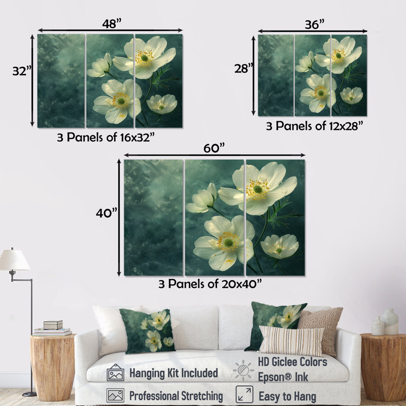 «White Green Buttercups Reflection» 3 pièces, H 28 po x l 36 po, Toile tendue