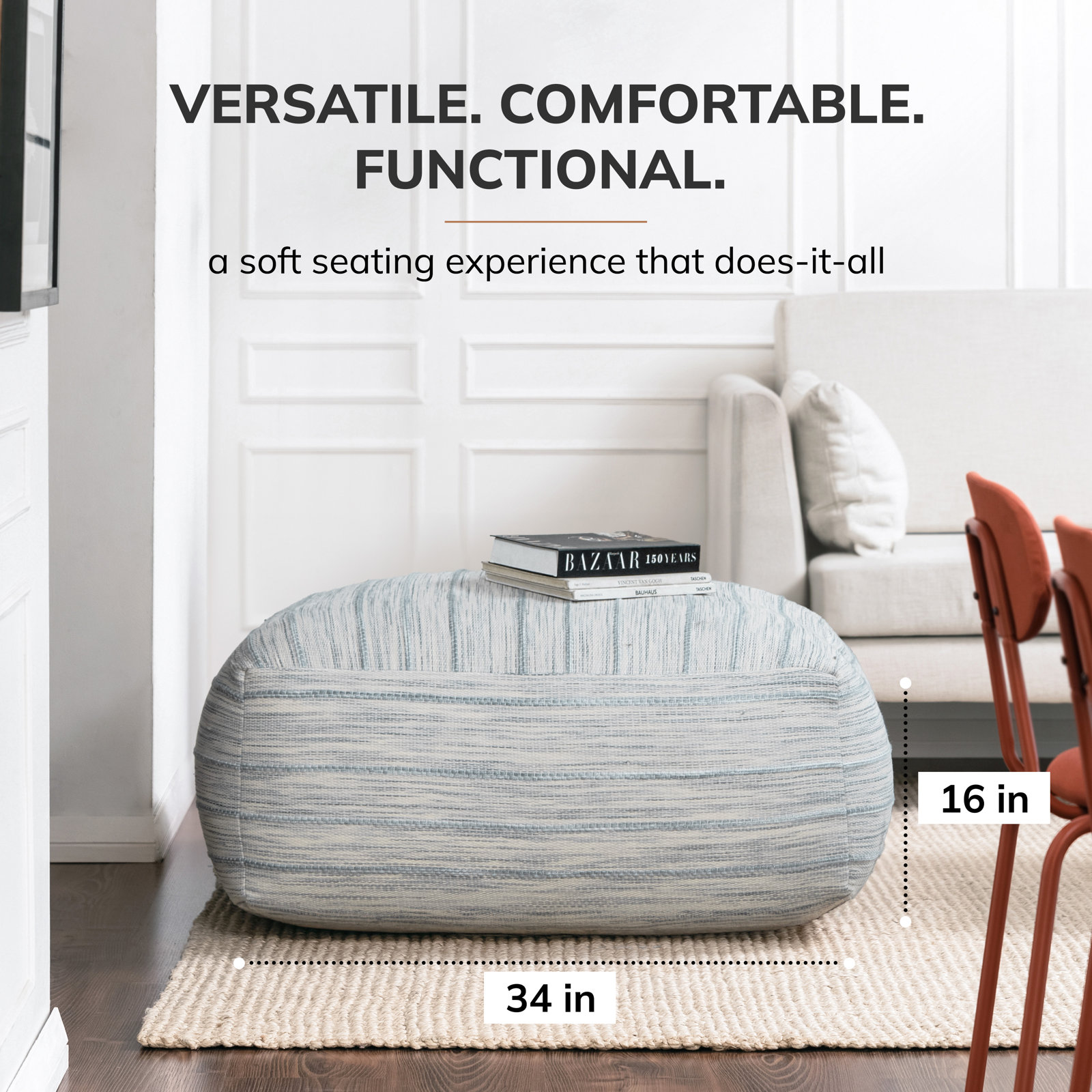 Talya 34" Cotton Upholstered Pouffe, Blue