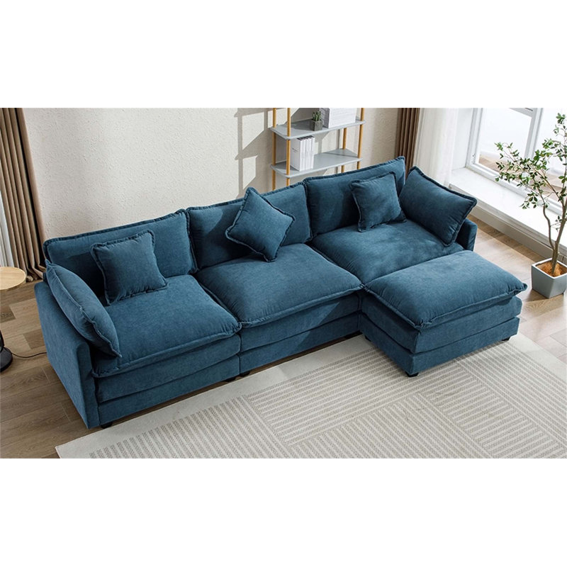 Upholstered Sectional Sofa, Navy Chenille, 33" H x 112.2" W x 35.4" D