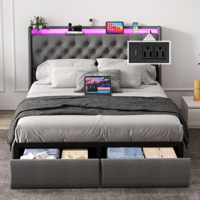 Oneita Upholstered LED Bed Frame With Storage Headboard Charging Station 2 Drawers Gray