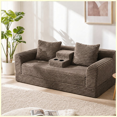 Corduroy Sofa Bed Futon Convertible Sofa Bed with USB & Cup Holders (Coffee)