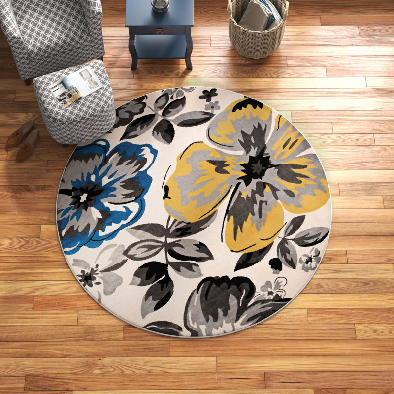 Modern Floral Cream/Yellow/Blue Performance Area Rug, Round 6'6"