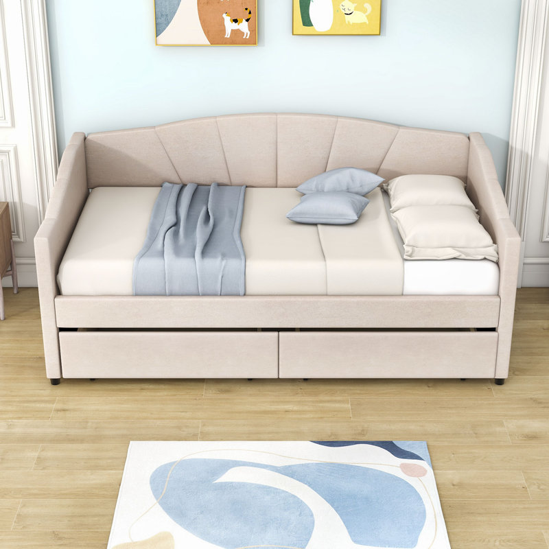 Lit de jour rembourré avec deux tiroirs Shivansh, Beige