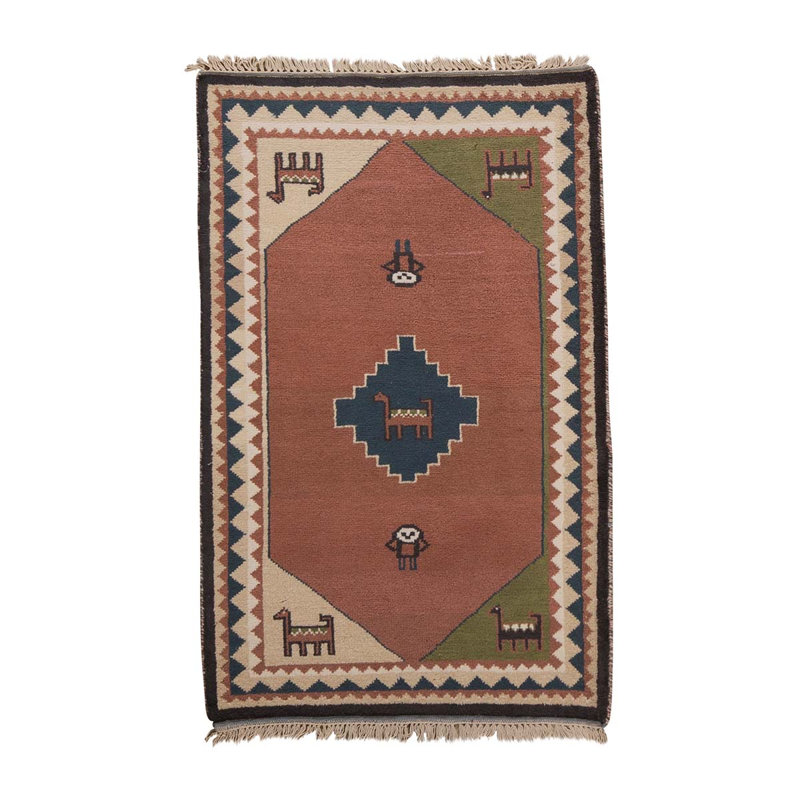 Tapis en laine / coton brun / vert / ivoire / bleu fait à la main