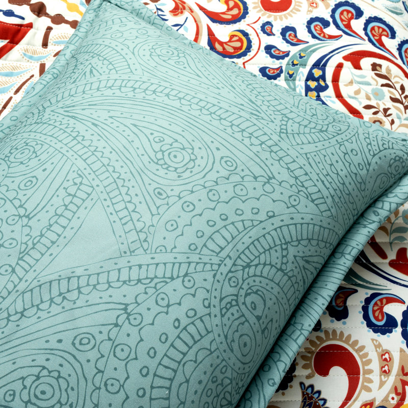 Seafoam and Red Boho Chic Reversible Cotton Full Quilt Set