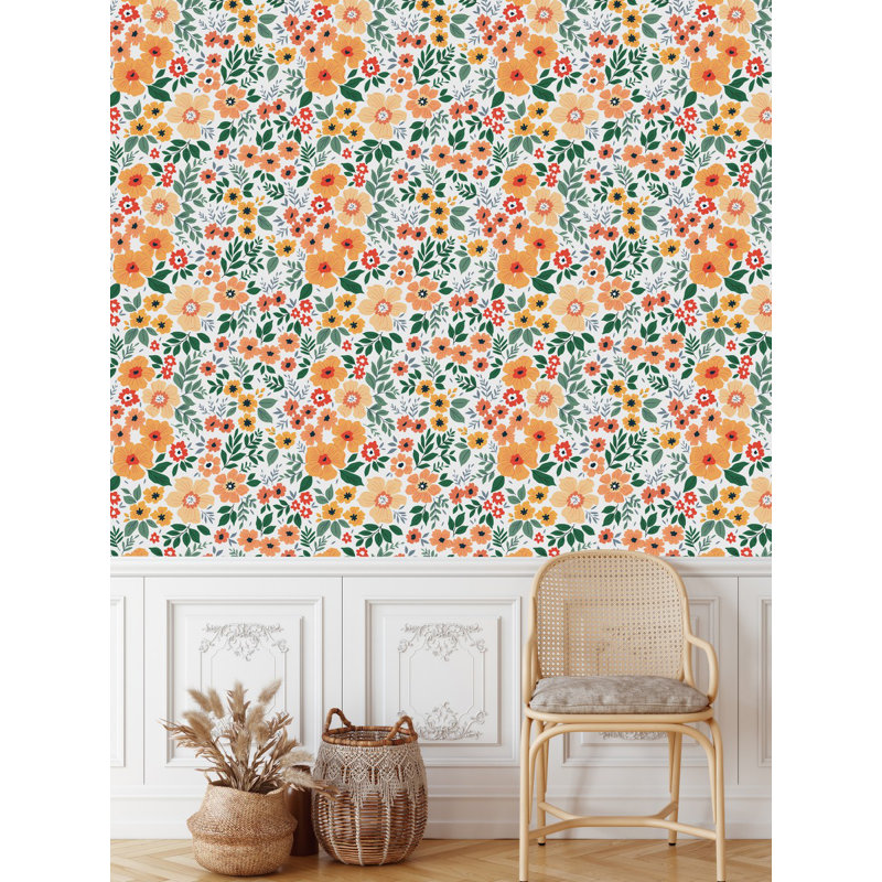Panneau de papier peint fleurs orange, L 25 po x L 125 po