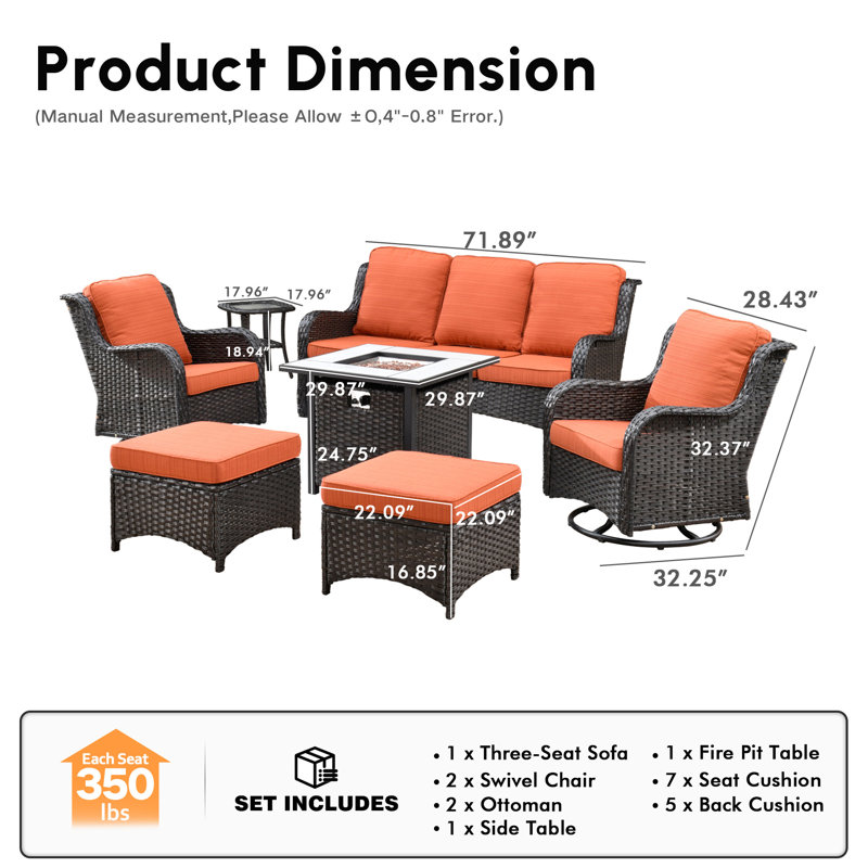 Wicker/Rattan 5 - Person Seating Group With Cushions, Brown Frame/Orange Red Cushion