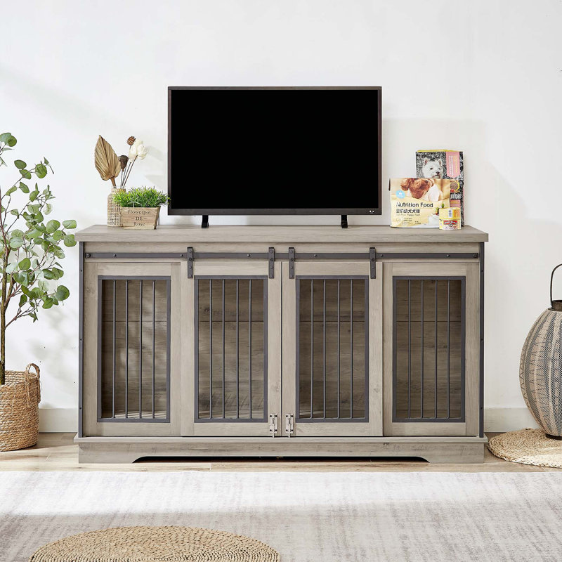 Multifunctional TV Stand Dog Crate with Double Spaces, Ideal for Multiple Dogs and Home Decor, Featuring Storage and Comfort