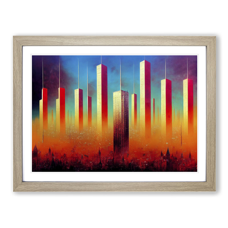 Carefree Abstract Skyscrapers - Single Picture Frame Painting, 34cm H x 46cm W x 2cm D, Oak Framed