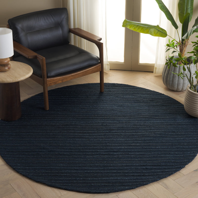 Surig Hand Woven Hemp/Cotton Performance Solid Color Rug in Navy, Round 6"