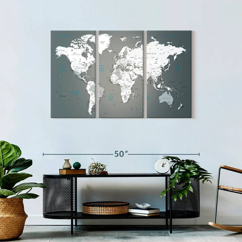 Ensemble de 3 pièces de carte du monde sur toile, H 45 po x l 28 po x P 1,25 po