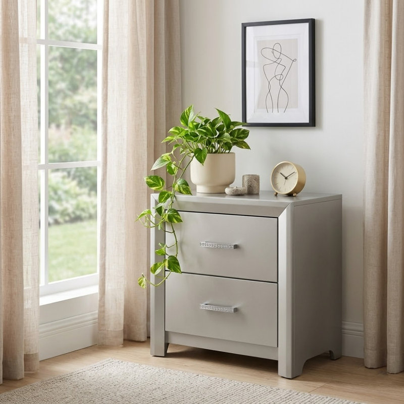 Zeno Silver Finish 2 Drawers 23.63In. W Nightstand