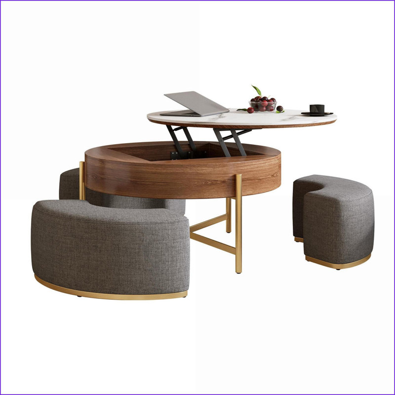 Table basse moderne en placage de noyer avec plateau en pierre frittée, rangement caché 3 repose-pieds gigognes peu encombrants