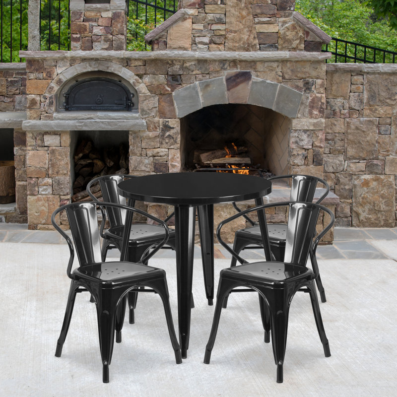 Cordele 24'' Round Metal Indoor-Outdoor Table Set with 4 Arm Chairs, Black, 29.50" H x 30" W x 30" L