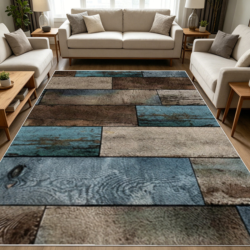1PC distressed mixed blue brown wood plank area rugs for Living Room, Soft and Comfortable, Suitable for all seasons, easy-to-maintain, machine washable Indoor floor mat, Under Table Farmhouse suitable for dining room, kitchen, bedroom, entryway,