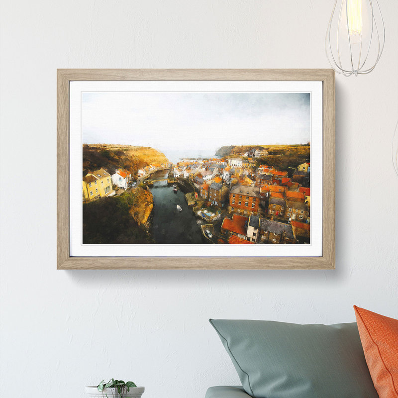 Staithes in North Yorkshire - Picture Frame Graphic Art Print, 45cm H x 63cm W x 2cm D, Oak Framed