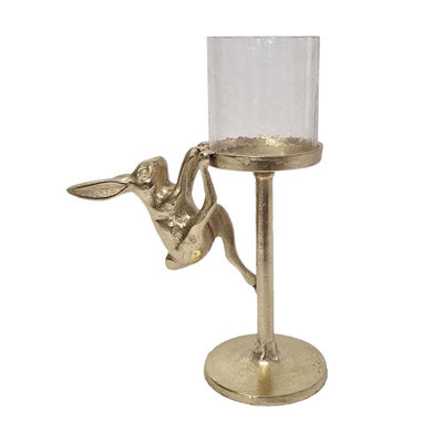 Porte-bougie doré avec abat-jour ourlet en verre transparent