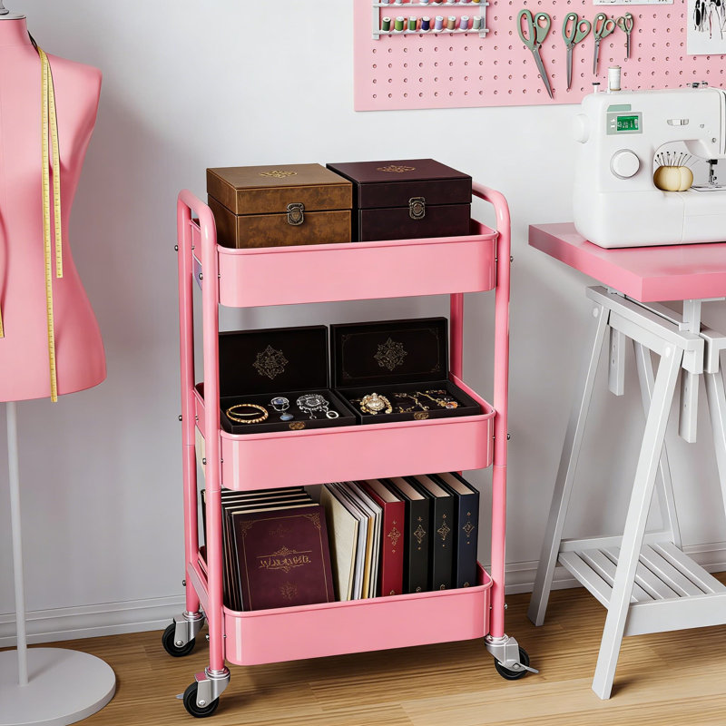 Chariot utilitaire roulant à 3 niveaux avec roulettes, organisateur de rangement en métal robuste avec tasses suspendues, crochets et paniers en filet pour la cuisine, la salle de bain, le bureau, la salle de bricolage et le chevet