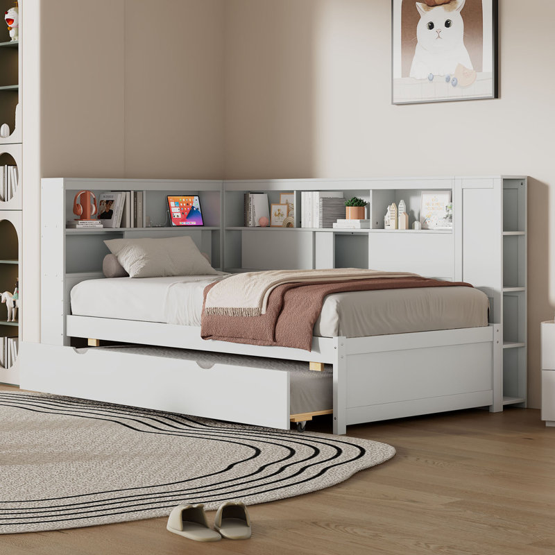 Lit de jour avec tablettes de rangement, USB et lit gigogne, Blanc