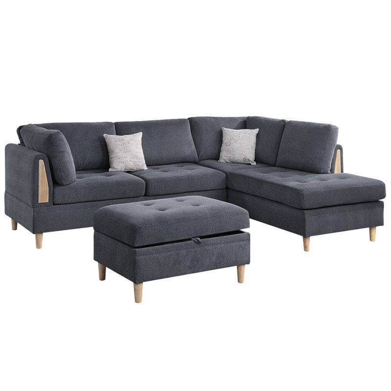 Upholstered L-Shaped Sectional Reversible, Charcoal Chenille
