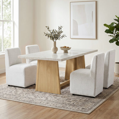 Philip 5-Piece 70"W Genuine Marble Top Dining Table Set With Upholstered Chairs