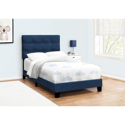 Lit simple en velours bleu, chambre à coucher transitionnelle élégante avec cadre rembourré en velours, option
