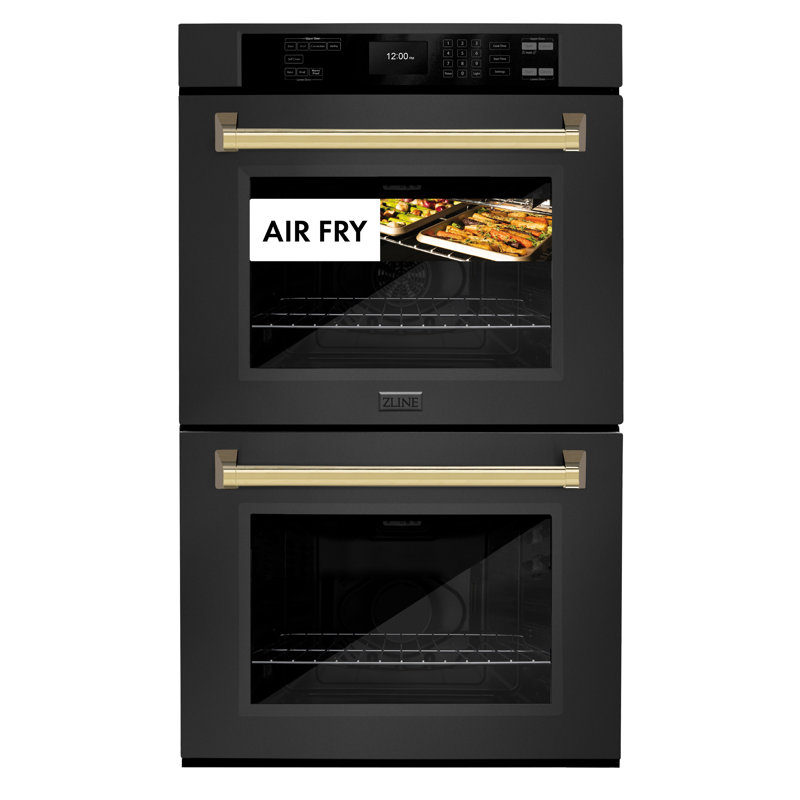 ZLINE 30 in. Autograph Double Wall Oven w/ Air Fry and Self Clean w/ Black Handles, Polished Gold, Black Stainless Steel