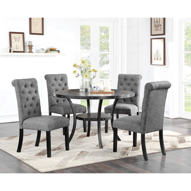 Ensemble de salle à manger moderne et classique en bois naturel Table de salle à manger ronde 4X Chaises d'appoint en tissu gris anthracite