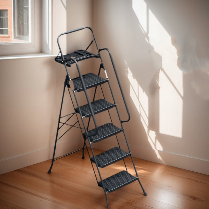 Échelle pliante à cinq niveaux avec plateforme à outils pour main courante, pliable, marchepied large antidérapant, tabouret portatif pour adulte, adapté à la cuisine à domicile, noir