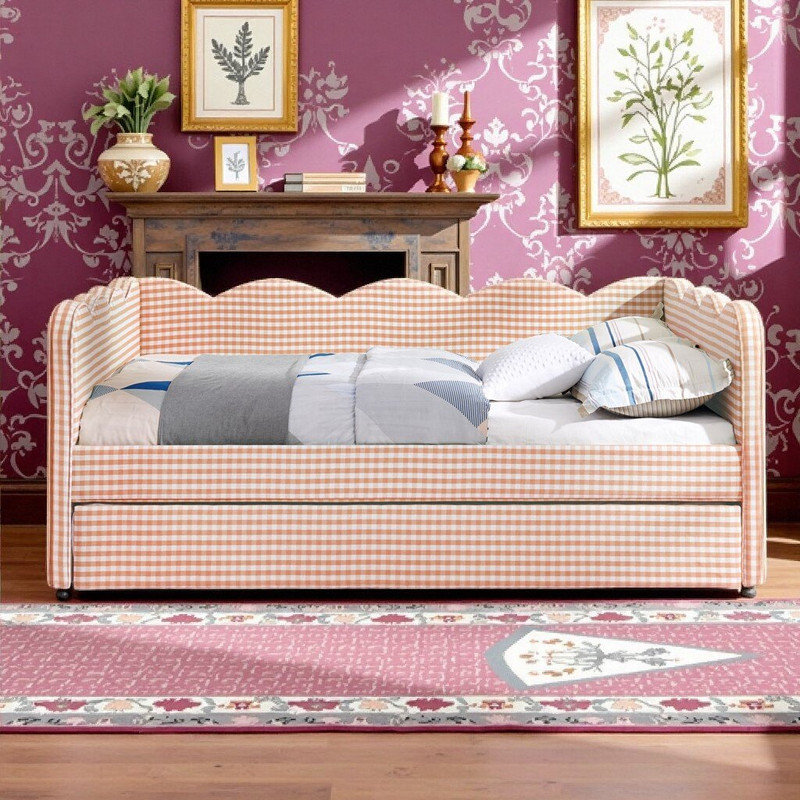 Lit de jour en lin double avec couchette simple, port de charge USB, lit Wave, Rose