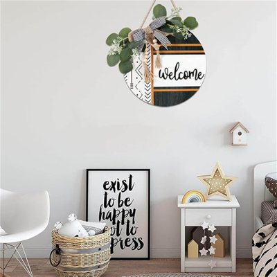 3D Welcome Front Door Wreath Sign(11.42"X11.42"), Farmhouse Porch Door Decor Sign With Eucalyptus Leaves Plaid Bow Bead, Rustic Hello Welcome Door Hanger Decoration Hanging For Office Home