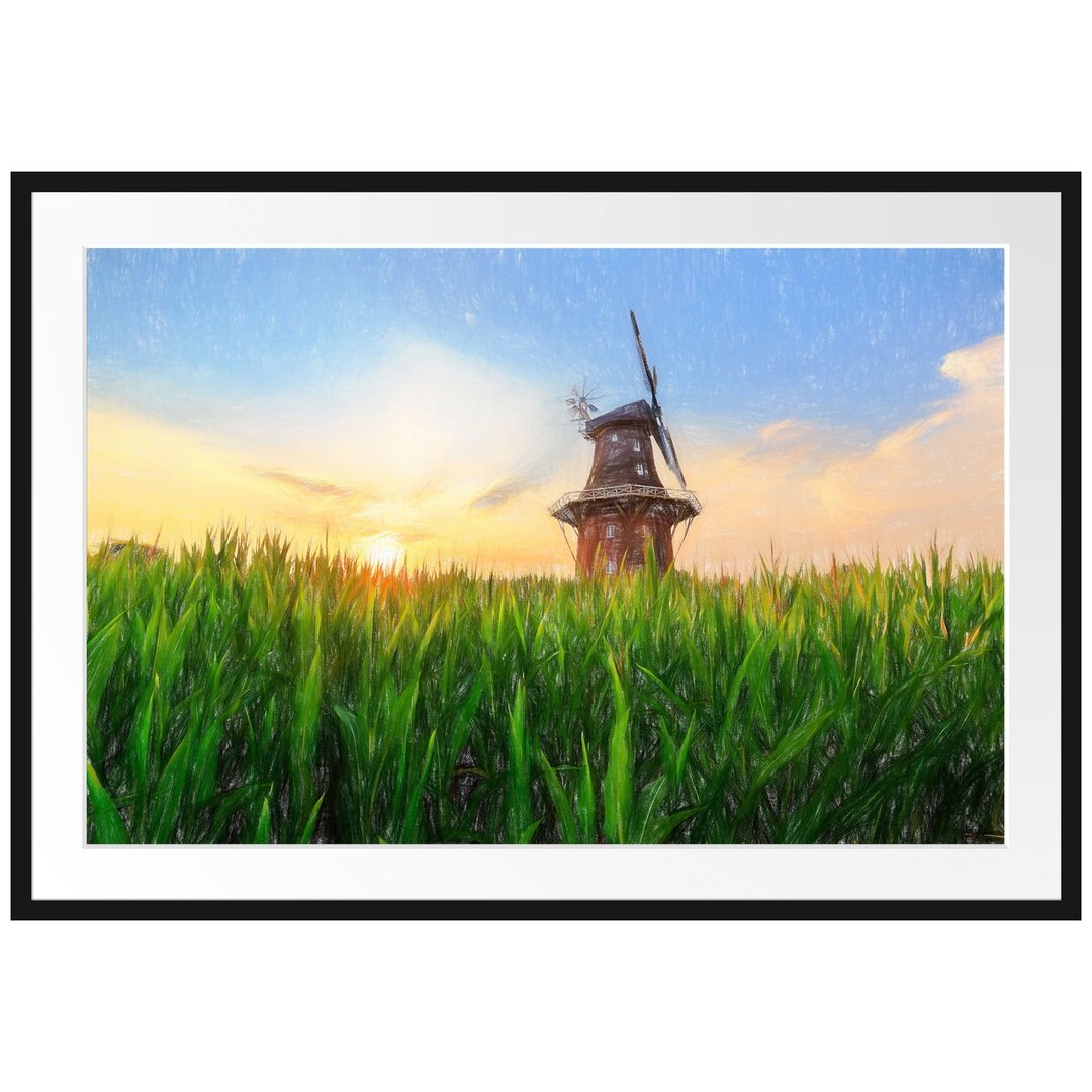 Gerahmtes Poster Schöne Windmühle auf dem Feld