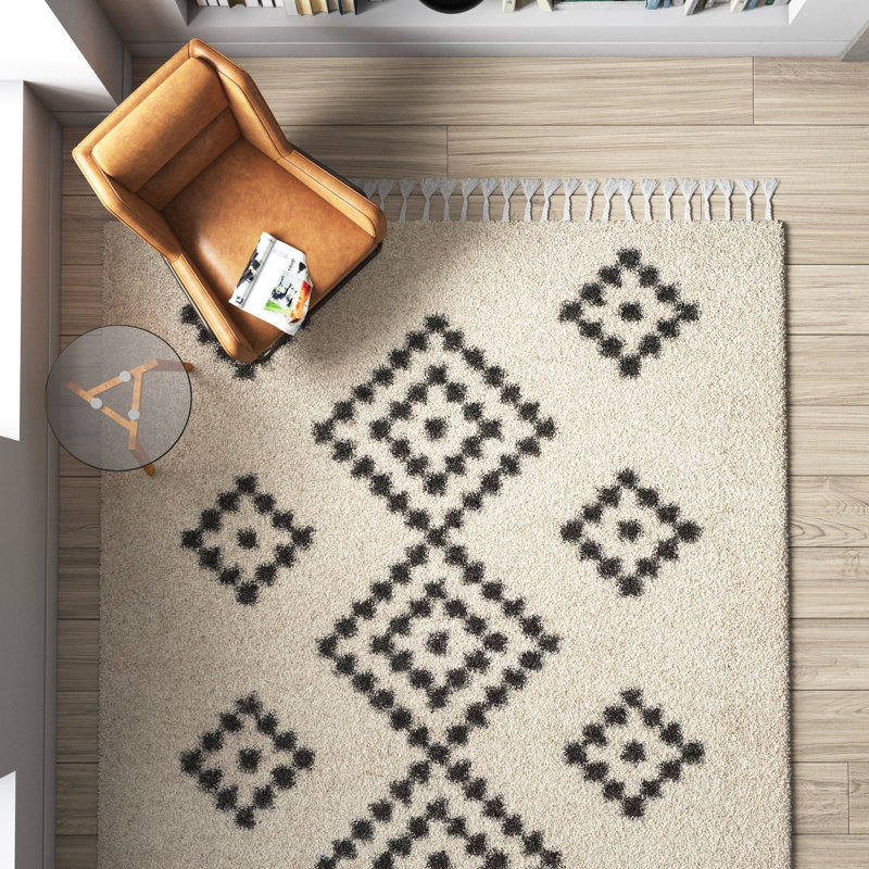 Ivory and Charcoal Geometric Shag Wool Rug, 4' x 6'
